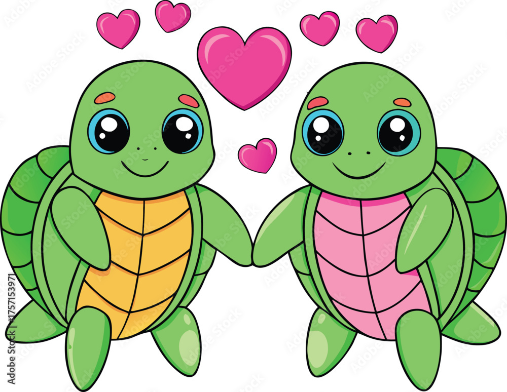 Obraz premium Adorable cartoon turtles holding hands surrounded by pink hearts symbolizing love and friendship