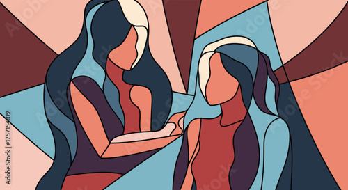 A stylized abstract representation of two figures, possibly mother and daughter, interacting in a geometric stained glass art style.