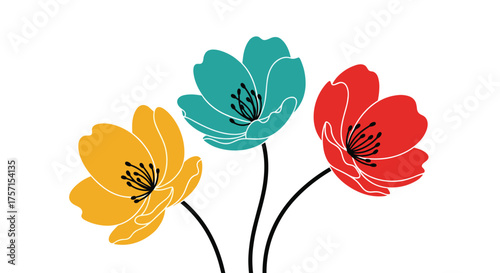 Three brightly colored flowers on white background.