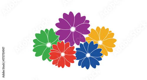 A vibrant collection of five colorful daisy-like flowers arranged in a pleasing cluster.