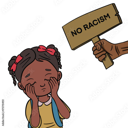 Child Girl Covering Her Eyes with Hand and Billboard Saying No Racism