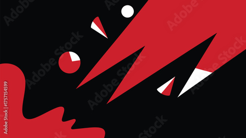 Abstract design featuring red and white shapes against a black background with sharp angles and circles