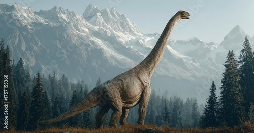 Glacialisaurus in a primeval forest landscape with towering mountains