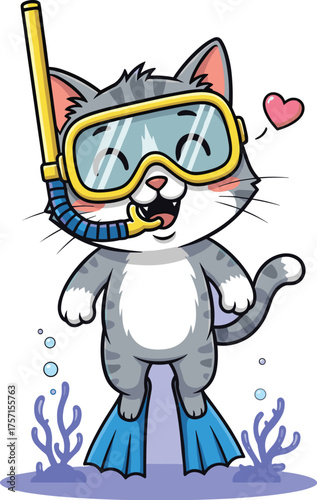 Cute Striped Cat Snorkeling Underwater with Flippers, Wearing Diving Mask in Ocean Scene, Cartoon Illustration for Children's Book, Adorable Pet in Aquatic Adventure, Happy Kitten Diver with Coral Ree