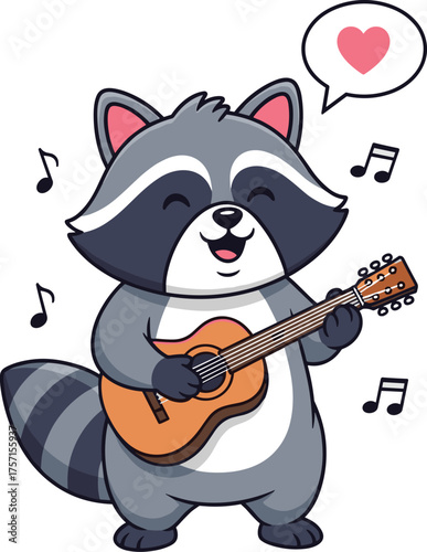 Adorable Raccoon Playing Guitar and Singing a Love Song with Musical Notes Floating Around, Cute Cartoon Character for Children's Education, Whimsical Animal Illustration for Entertainment or Music Pr