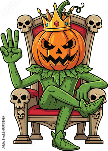 Pumpkin King on Throne for Halloween Celebration: Spooky Jack-o'-Lantern Cartoon Character Sitting on Skull Decorated Throne, Raising Hand with Three Fingers, Halloween Decoration, Party, Fall Festiva