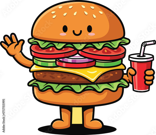 Cartoon Burger Character Waving Hello Holding Soda on Yellow Background: Fun Food Illustration for Children's Menu, Restaurant Mascot, Fast Food Promo, Animated Character Design, Cheerful Graphic for