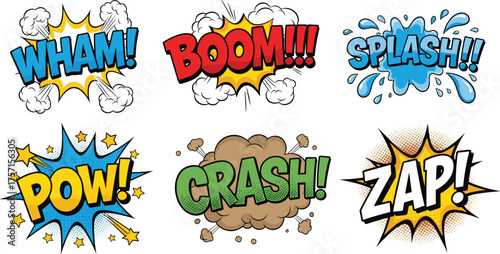 Dynamic Comic Book Speech Bubbles Set Action Explosions – Retro Pop Art Style for Superhero Story, Graphic Novel Design, Cartoon Animation, Marketing Campaign, Presentation, Website, Illustration, Pro