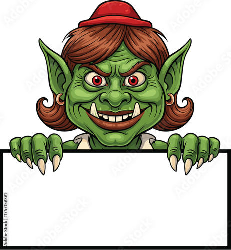 Cartoonish Female Goblin Holding Blank Signboard for Announcements, Halloween Design Element, Fantasy Creature Illustration for Storytelling, Green Troll With Red Eyes and Funny Hat, Comic Book Charac