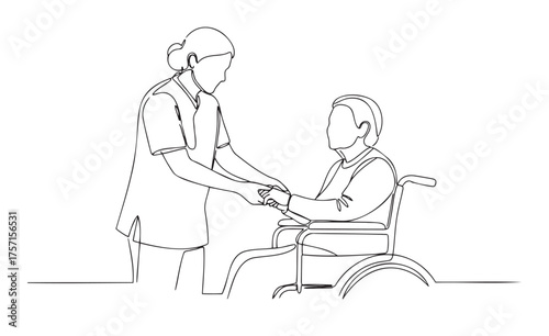 Minimalist black-and-white illustration of nurse gently holding hand of elderly patient in wheelchair. Perfect for geriatric care, mentoring, and compassionate content.