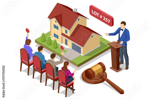Isometric real estate auction with house, auctioneer, and bidders raising paddles. Concept of property sale, real estate investment, and bidding event.