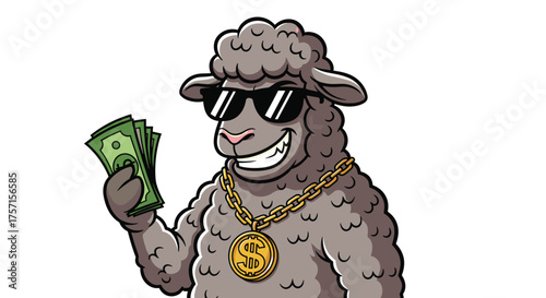 Cartoon Sheep Character Holding Money with Gold Chain and Sunglasses Against White Background for Investment Concept in Finance Sector, Modern Graphics, Marketing, Isolated Image, Success, Wealth, Pro
