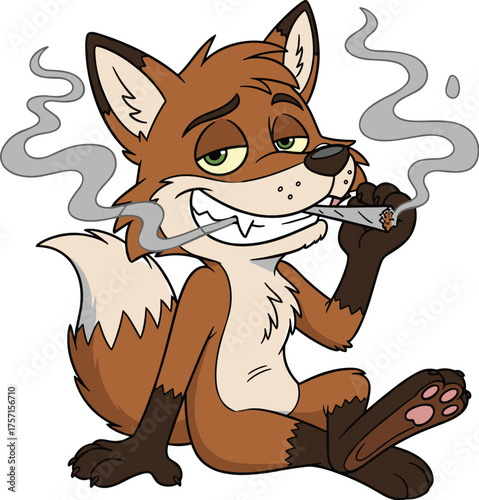 Relaxed Cartoon Fox Character Smoking a Joint in Carefree Style, Embracing Leisure and Recreation with Cannabis Culture, Perfect for Edgy Design, Humor, Modern Lifestyle, Marketing, and Entertainment