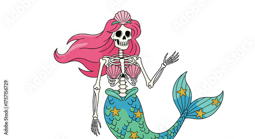 Skeleton Mermaid Waving Hello Undersea - Mythical Creature, Fantasy Illustration, Halloween Decoration, Spooky Art, Decorative Image, Digital Artwork, Ocean Theme, Graphic Design, Storytelling, Childr
