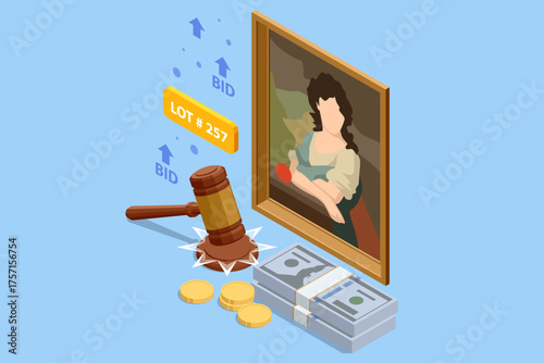 Isometric online art auction with framed painting, gavel, coins, and cash. Concept of digital collectible sale and fine art investment.