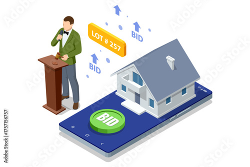 Isometric smartphone with house and auctioneer. Concept of digital real estate bidding, property sale, and investment via mobile app.