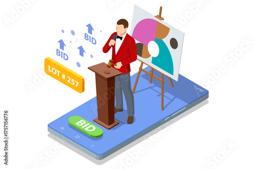 Isometric smartphone with auctioneer selling modern painting. Concept of online art sale, bidding platform, and digital gallery.