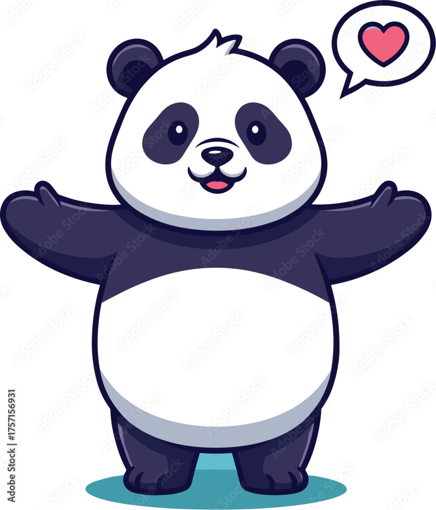 Naklejka premium Cute Panda Bear Cartoon Illustration Offering a Friendly Embrace on Light Blue Background, Expressing Love and Warmth, Perfect for Children's Books, Greeting Cards, Educational Materials, Animal Conse