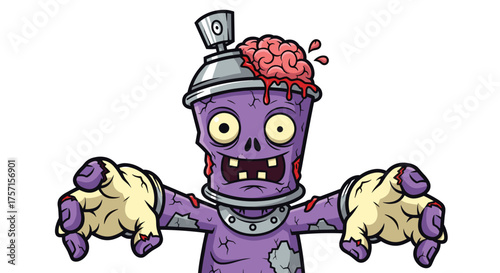 Cartoon Zombie Spray Paint Can Character Attacking with Undead Brains in Urban Graffitti Art Style, Horror Graphic for Halloween, Animated Decoration, Spooky Illustration, Fun Design for Print Merchan