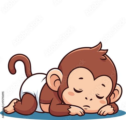 Sleeping Baby Monkey Cartoon Illustration on Blue Background, Cute Animal Character Napping Peacefully, Comic Style Graphic for Children's Education, Healthcare, Baby Products Marketing, Relaxation Co