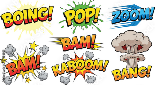 Dynamic Comic Book Sound Effects Action Set Explosions and Impact Noises for Creative Projects in Entertainment Digital Media and Marketing Campaigns Comic Style Speech Bubbles Bang Zoom Pop Kaboom Ba