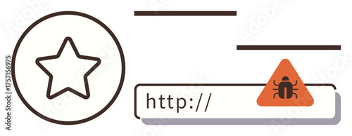 Browser address bar with bug warning in triangle near suspicious link, star circle symbol. Ideal for cybersecurity, malware prevention, safe browsing, phishing alerts, online privacy, digital risk