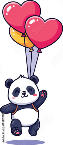 Adorable Panda Bear Floating with Heart Balloons on Lavender Background - Cute Animal Character Celebrating Love & Happiness for Children's Illustration, Cartoon Animation, Valentine's Day Greeting, B