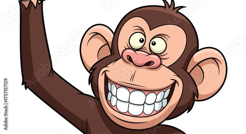 Smiling Cartoon Monkey Raising Arm in Jungle Environment for Children's Illustration Project, Wildlife Education Material, Animated Marketing Campaign, Comic Style Animal Character Design, Playful Mas