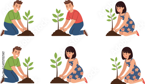 Cartoon Tree Planting Illustration Featuring Men and Woman Kneeling with Saplings Promoting Environmental Care, Gardening, and Nature Conservation Efforts