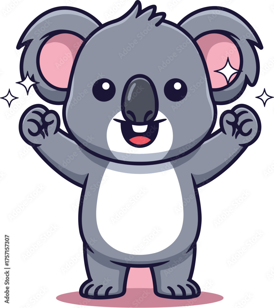 Naklejka premium Cute Koala Cartoon Character Cheering with Excitement on Pink Background, Adorable Mascot Celebrating, Illustration for Children's Education, Joyful Animal Design for Marketing and Advertising, Playfu