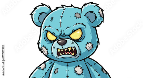 Angry Zombie Teddy Bear Cartoon Mascot Character Growling Fiercely for Halloween Illustration, Children's Book Illustration, Graphic Novel, Animation, Logo, Game Character, Sticker Design, Scary, Spoo