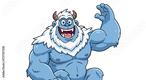 Cheerful Cartoon Yeti Waving Hello in Snowy Mountains, Mythical Creature Mascot Character for Winter Holiday Season Greetings Card, Animated Graphic Design Illustration, Advertising, Children's Book,