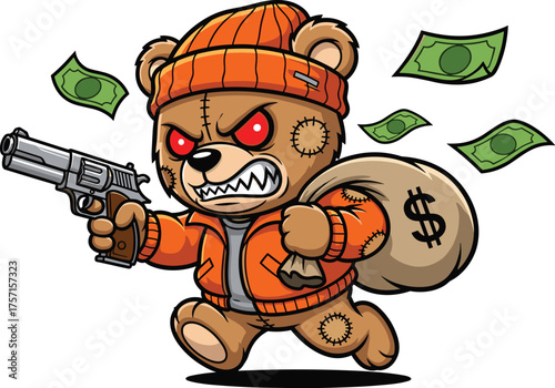Cartoon Teddy Bear Bandit Running with Gun and Money Bag on White Background, Crime Spree, Illegal Activity, Illustration, Robbery, Mischief, Children's Art, Danger, Aggression, Financial Crimes, Viol