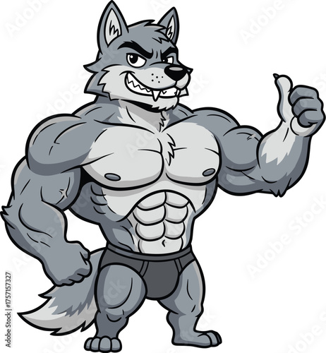 Muscular Wolf Character Giving a Thumbs Up on White Background, Cartoon Mascot Design for Sports Team or Fitness Brand, Vector Illustration for Children's Book or Animation, Gym Motivation, Strong Ani