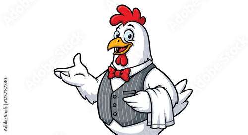 Cheerful Chicken Mascot Welcoming Guests in Restaurant Setting, Cartoon Poultry Character Hosting with Waiter Vest and Bowtie, Promoting Farm Fresh Food and Culinary Delights, Friendly Presentation St
