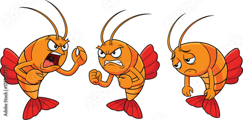 Angry Cartoon Shrimp Characters Sequence Demonstrating Escalating Emotions, Frustration, and Sadness Against White Backdrop for Animated Stories, Seafood Marketing, Children's Education Materials, Sea