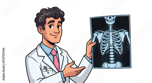 Friendly Doctor Explaining X-Ray Results in Clinical Setting, Depicting Bone Structure and Medical Diagnosis for Healthcare Presentation, Patient Education, Using Modern Medicine and Radiology Technol