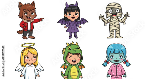 Adorable Children Dressed Up in Halloween Costumes: Werewolf, Bat, Mummy, Angel, Dragon, and Zombie, Posing on a White Background for Halloween Party, Trick or Treat Celebrations, Spooky Fun, and Cart