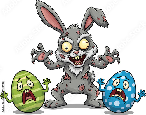 Cartoon Zombie Easter Bunny Chasing Scared Eggs in a Graveyard Scene with Rotting Flesh, Horror Movie Concept, Digital Illustration for Holiday Advertising, Spooky Festive Design, Graphic Halloween Pa