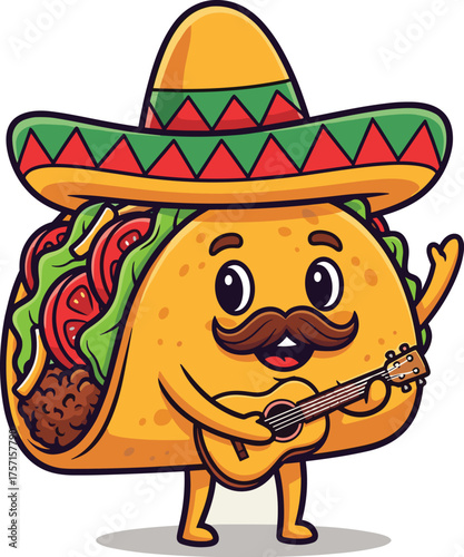 Cheerful Taco Character Playing Guitar with Sombrero, Enjoying Fiesta in Mexican Culture, Cartoon Illustration for Cinco de Mayo Celebration, Food Mascot for Restaurant Marketing, Festive Culinary Del