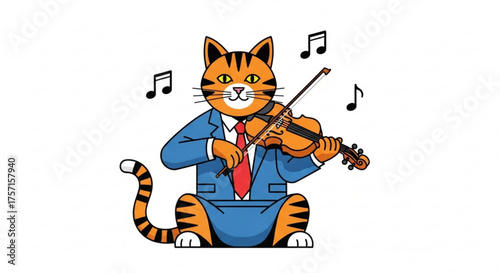 Cartoon cat musician in a blue suit and red tie playing a violin with music notes, showcasing a charming and talented feline performer illustration.