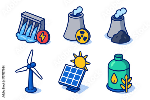 Isometric energy source icons , hydro power, nuclear, solar, wind, biofuel