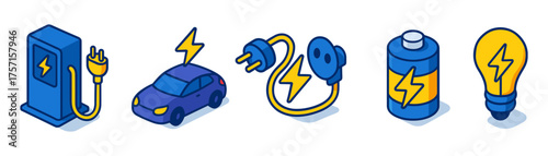 Isometric electricity and power icons , electric car, plug, battery, light bulb, charger