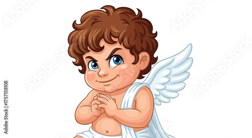 Mischievous Cupid Planning a Prank with a Sly Smile, Animated Cartoon Character for Valentine's Day Romance & Love Illustrations, Angelic Figure for Children's Storybooks & Greeting Cards, Whimsical H