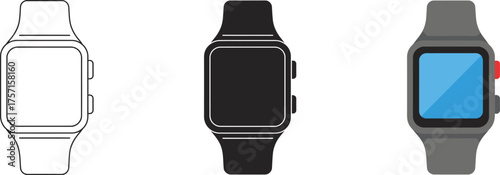 Smartwatch technology evolution three stages line art solid black and blue screen devices vector