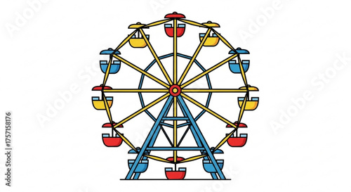 Colorful ferris wheel vector illustration, a classic amusement park ride with vibrant gondolas. icon representing entertainment, joy, and summer fun.