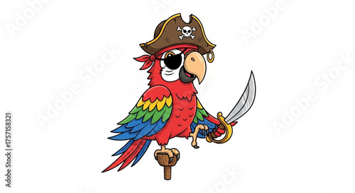 Cartoon pirate parrot with an eyepatch and tricorn hat featuring a skull and crossbones emblem, holding a cutlass sword, standing on a perch, ready for adventure.