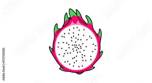 Colorful cartoon dragon fruit half, a tropical pitahaya superfood with vibrant pink skin, green scales, and white flesh dotted with black seeds, isolated