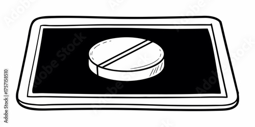 A white pill with a score line on a black tray with a white border in a minimalist style drawing
