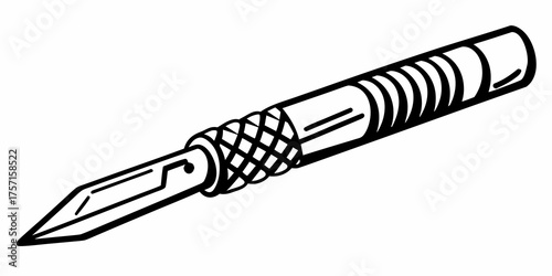 Illustration of a calligraphy pen with a sharp nib and decorative grip design in black and white style